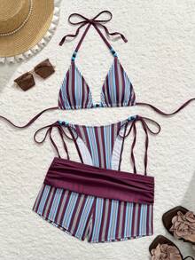 Swim Vcay 春季新款海滩度假派对下午茶条纹印花微三角高开衩侧系带褶皱直筒短裤海军蓝风格三件套比基尼泳衣套装（女款） - 彩色 - 查看 4