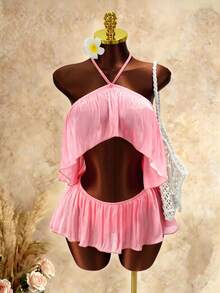 Mistrie Ruched Neck Flowy Pleated Mini Skirt Dress, Sweet Girl Style Vacation Dress - Pink - View 8