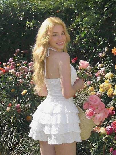 SHEIN MOD Bộ áo liền quần nữ mùa hè kiểu dáng giản dị, tối giản, màu trơn, chất liệu vải có họa tiết, nhiều lớp xếp nếp ở gấu áo, hở lưng và buộc dây phía trước.