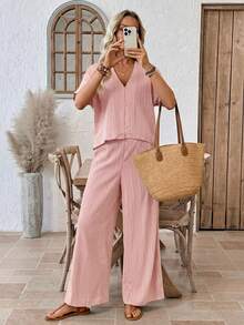 EMERY ROSE Bộ đồ nữ đơn sắc tối giản gồm áo tay ngắn và quần ngắn tay, 2 món. - Hồng - Xem 7