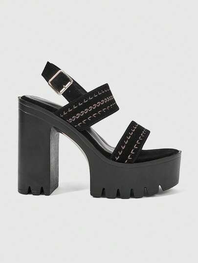 ROMWE Goth 女士时尚性感露趾高跟凉鞋，朋克哥特式优雅刺绣双绑带，可调节松紧带，金属扣装饰，厚防水底，粗跟，春夏夜店派对/节日女士套脚鞋。