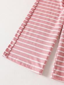 SHEIN Elladie kids Casuvi Kids 女童两件套：针织爱心印花条纹短袖 Polo 领 T 恤 + 针织阔腿裤，美式休闲复古风，适合春夏日常穿着 - 粉色 - 查看 4