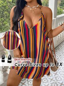 SHEIN CURVE+ Plus Size Striped Print V-Neck Halter Backless Beach Dress - Multicolor - View 1