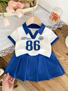 SHEIN 2Pcs Baby Girl Toddler New Born 0-3 Years Old Blue White Stripe Summer Casual College Sporty V-Neck Polo Short Sleeve Tee Shirt Pleated Skirt Set - Blue - View 5