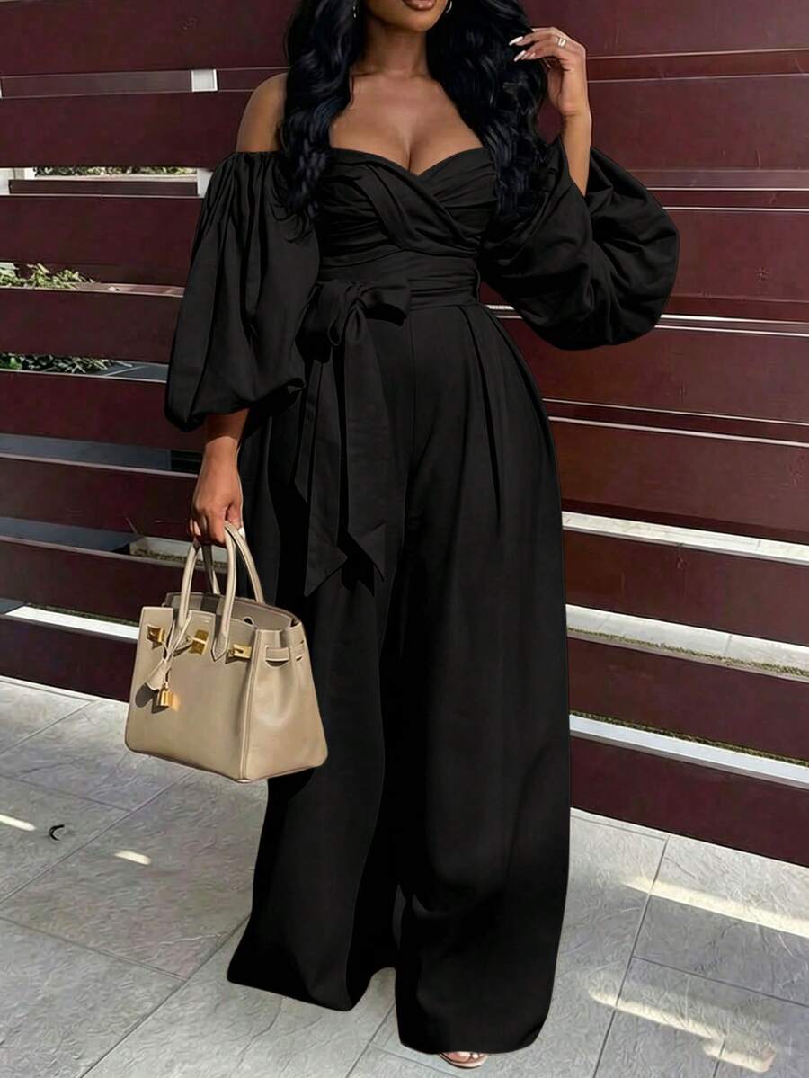 BamGleam 灯笼袖连体裤，活力度假风露肩连体裤，肤色露肩花瓣袖收腰阔腿裤，缎面优雅通勤及度假连体裤 - 黑色 - 查看 1