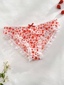 女士蕾丝拼接透明心形印花蝴蝶结丁字裤 - 紅白色 - 查看 1