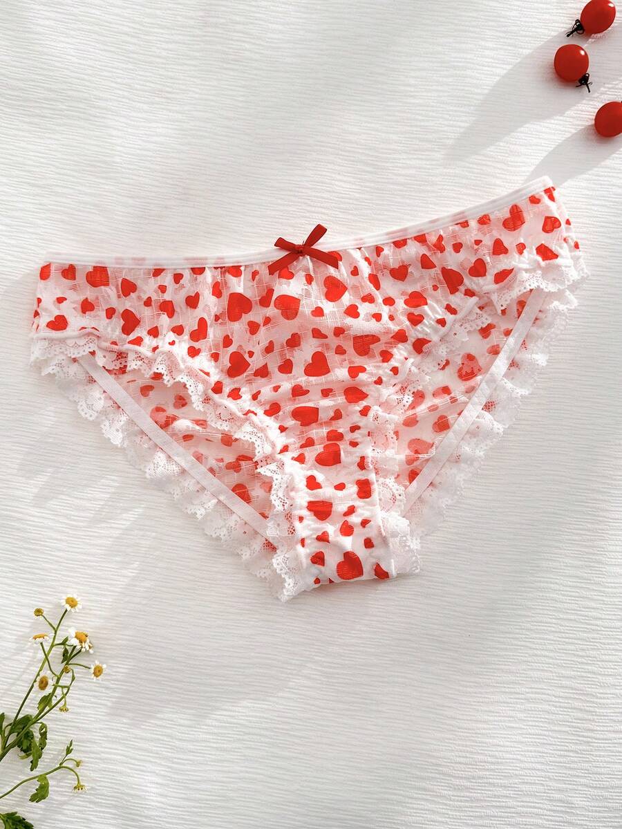 女士蕾丝拼接透明心形印花蝴蝶结丁字裤 - 紅白色 - 查看 1