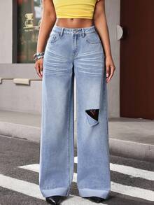 Jeanoix Quần jeans ống đứng rách nhẹ phong cách Y2K dành cho nữ. - Rửa trung bình - Xem 7
