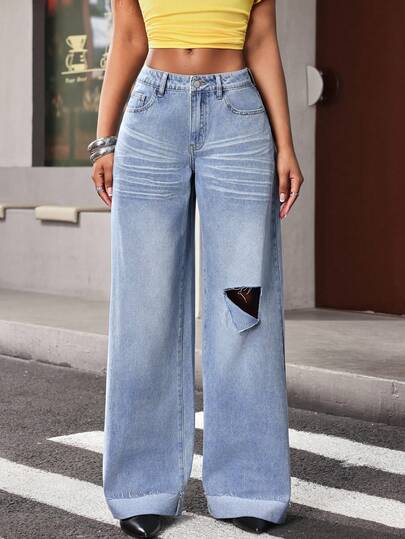 Jeanoix Jeans rectos casuales con efecto desgastado para mujer estilo Y2K