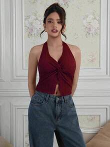 Criza Taa Áo hai dây hở lưng gợi cảm thời trang thắt nút viền xẻ tà hở lưng - Màu Đỏ Sâu - Xem 1