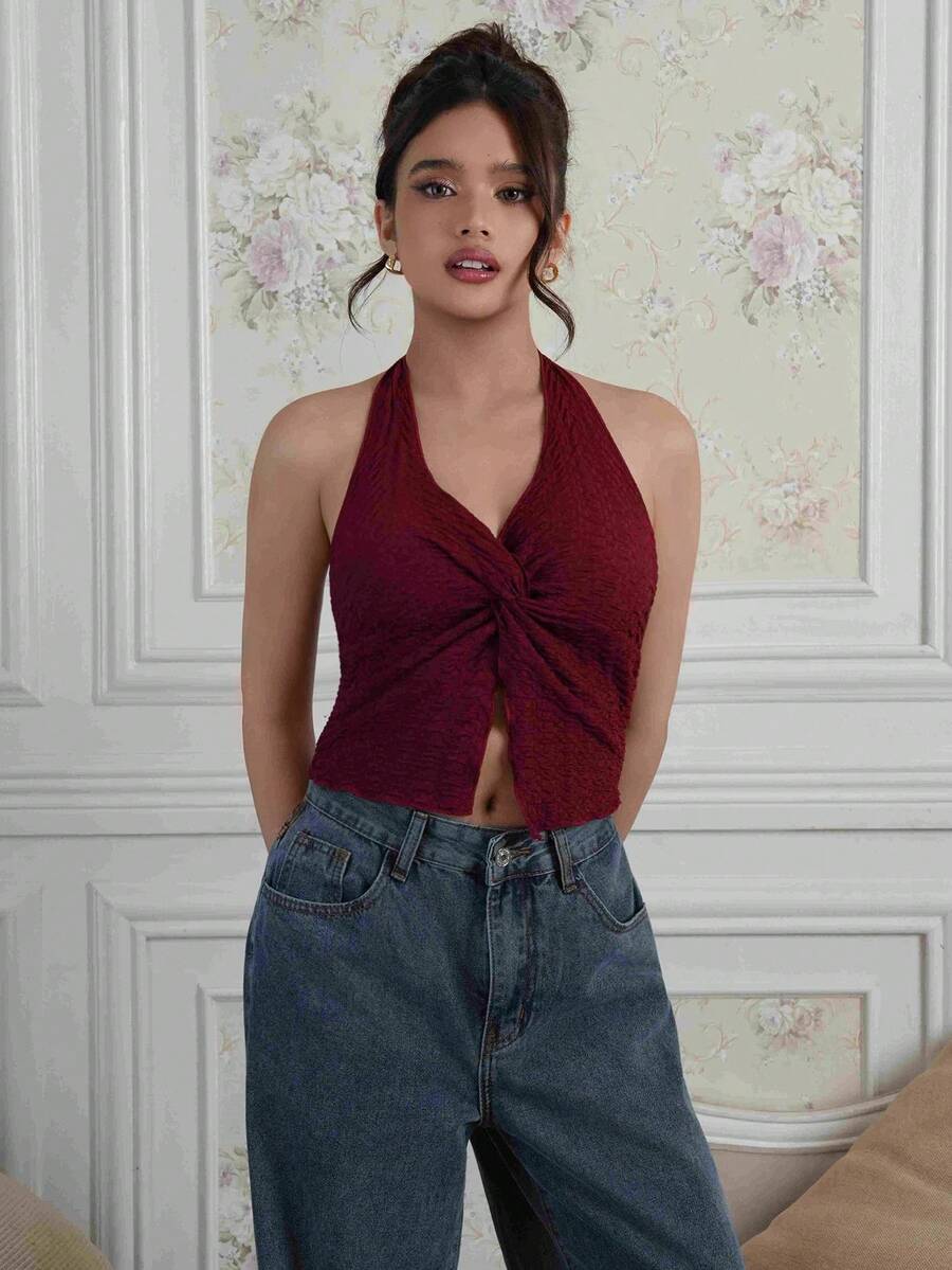 Criza Taa Áo hai dây hở lưng gợi cảm thời trang thắt nút viền xẻ tà hở lưng - Màu Đỏ Sâu - Xem 1