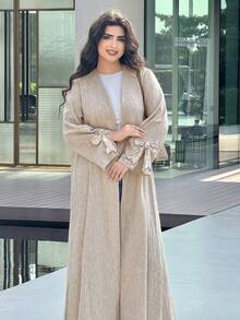 Yasmyna Bata elegante árabe para mujer con parches, moño y puños con lentejuelas - Albaricoque - Ver 6