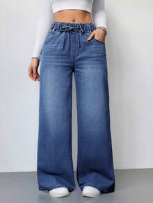 SHEIN Tall Quần jeans nữ dáng rộng cạp cao màu xanh dương, quần jeans nữ mùa hè, quần jeans cạp chun, quần jeans dáng suông rộng rãi. - Rửa tối - Xem 7