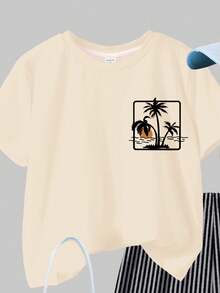 青少年女孩黑白條紋熱帶棕櫚樹印花休閒圓領短袖T恤與短褲兩件套，夏季度假休閒裝 - 彩色 - 查看 4