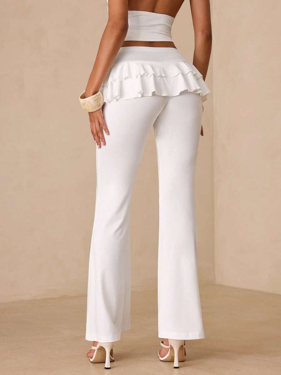 Glamine Quần dài nữ màu trắng dệt kim, cạp chun, gấu quần xếp ly, thích hợp cho mùa hè, tiệc tùng, kỳ nghỉ. - trắng - Xem 1