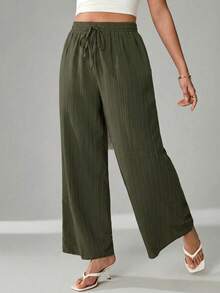 SHEIN Tall CURVE Quần ống rộng màu trơn, đa năng, cỡ lớn, thích hợp đi làm, phù hợp với nhiều kích cỡ. - xanh quân đội - Xem 3