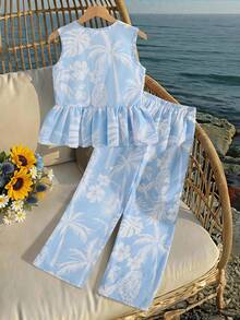 SHEIN Sparklyn Tween Girl Vacation Floral & Palm Tree Print Button Ruffle Hem Tank Top And Casual Pants Set - Baby Blue - View 2