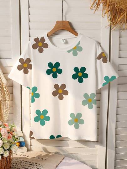 Girls' Floral Print Round Neck Short Sleeve T-Shirt, Minimalist Casual Style Suitable For Spring And Summer