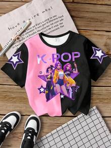 Pink And Black Summer Cute School Tween Girl Vibe Graphic Tee,Virtual Girl Group Character Star Print Contrast Color Letter Slogan Fashion Casual Top - Multicolor - View 6