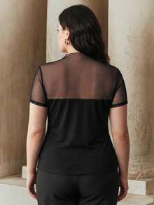 Anewsta Plus Size Women Black T-Shirt,Sheer Mesh Splice Short Sleeve Elastic Fitted Elegant Night Out Club Girlism Autumn Fashionable Casual Party Top - Black - View 2