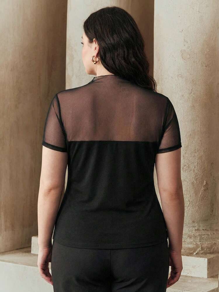 New Arrival Spring/Summer Fashionable Elegant Casual Sexy Party Date Night Outing Work Elastic Fitted Sheer Mesh Splice Short Sleeve Plus Size Women T-Shirt