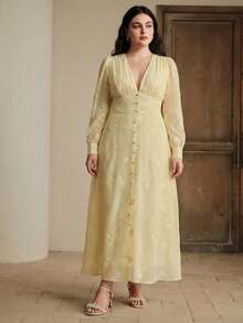 Anewsta Elegant Long Sleeve Yellow Embroidered Woven Dress For Formal Occasions - Yellow - View 5