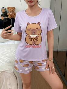 可爱卡通水豚喝珍珠奶茶印花紫色针织面料柔软甜美休闲圆领短袖短裤宽松两件套睡衣套装，适合少女 - 淡紫色 - 查看 6