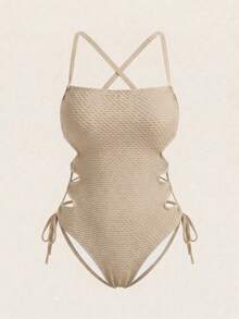Swim SXY 2026款加大码连体泳衣，夏季沙滩镂空抽绳侧吊带性感连体泳装 - 米色 - 查看 8