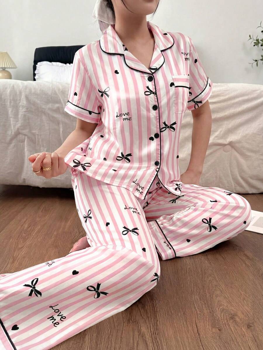 Pink Valentine's Day Bow, Heart & Letter Print Lapel Short Sleeve Pajama Set - Multicolor - View 1