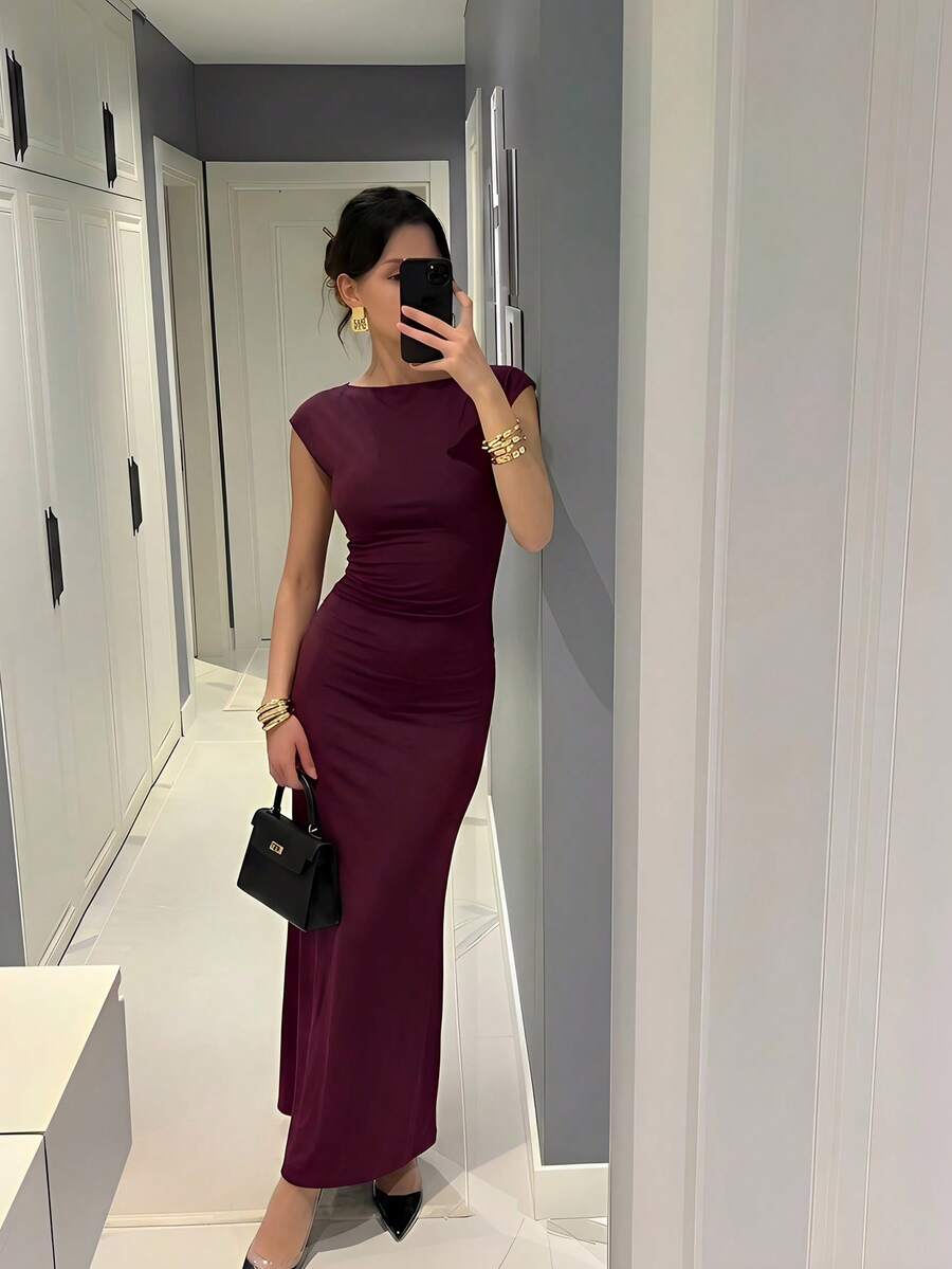 Firerie Women's Elegant Minimalist Office Commute Ruched Long Dress, Suitable For Summer, Office Wear, Beach Vacation - Red Violet - View 1