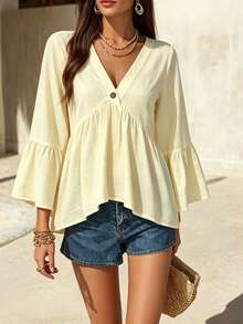 EMERY ROSE White V-Neck Ruffle Sleeve Women's Casual Shirt - Apricot - View 5