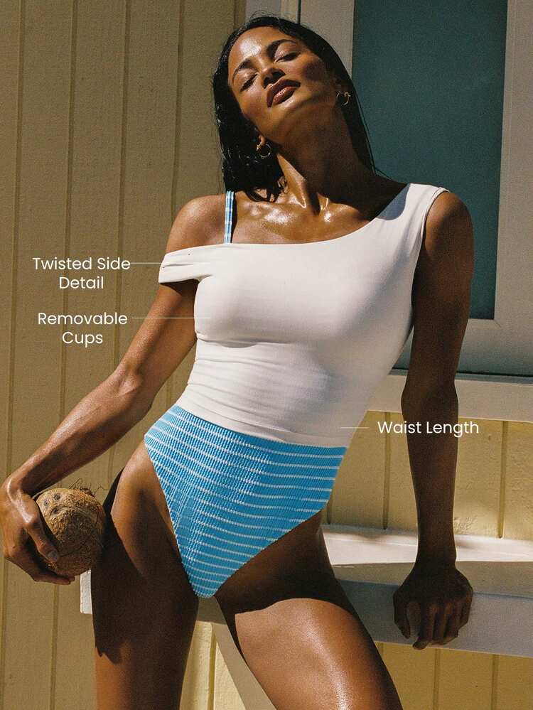 FeatherFit™ Sun-Soaked Buttery-Soft Sweat-Wicking Waist Length Padded Off-The-Shoulder One-Shoulder Twisted Side Cropped Top Holiday Vacation Summer Daily Casual Wear