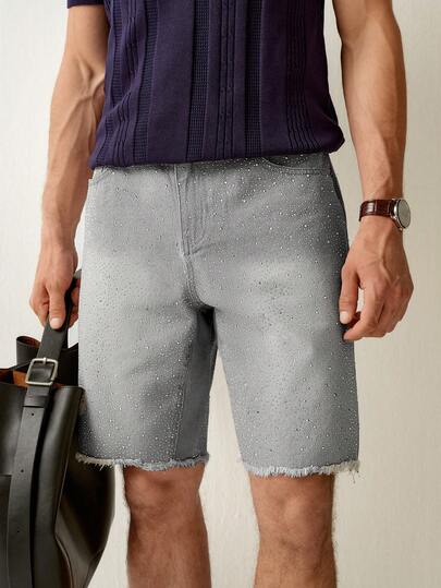 RONVEXI Quần short denim nam dáng rộng, thời trang Y2K, phong cách thường ngày, đi làm, đính đá, gấu quần tua rua, thích hợp cho mùa hè.