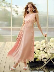 MOTF PREMIUM WOMEN'S ROMANTIC LACE PATCHWORK SLEEVELESS MID-LENGTH DRESS - Dusty Pink - View 1