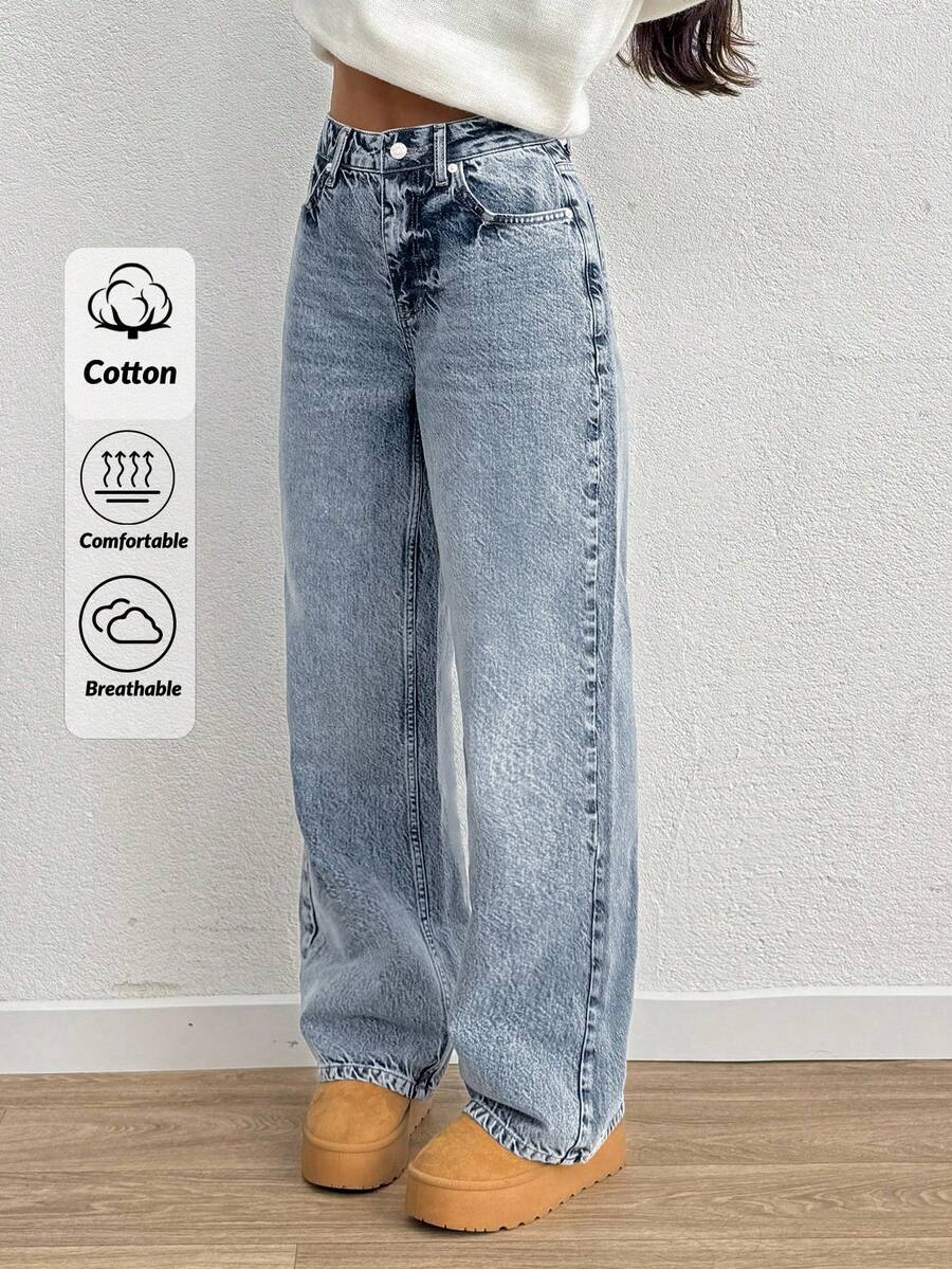 Women Loose Straight Leg Casual Jeans With Pockets, Versatile Style - Medium Wash - View 1