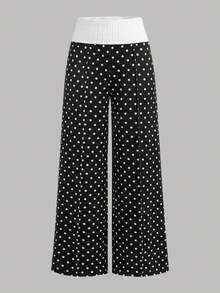 SHEIN Girlism Áo lót nữ tuổi teen phong cách retro hàng ngày, quần dài dệt kim gân màu đen ống rộng chấm bi Pháp đen trắng, quần ống loe rộng, quần thể thao chấm bi, quần thể thao ống loe, quần thể thao dễ thương, quần thể thao nữ tuổi teen. - Đen và trắng - Xem 5