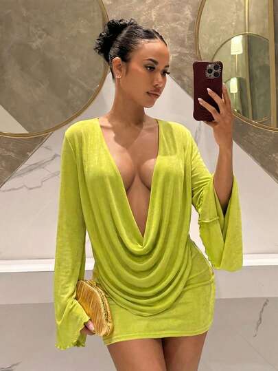 Slaydiva 夏季新品、音乐节、西部风情、游牧风、派对、性感泳池度假村、邮轮旅行、海滩、海边、日光浴、网红热单、度假、甜美、浪漫、优雅、性感、度假海滩派对、粉色网纱喇叭袖波浪领女式连衣裙 - A