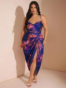 SHEIN BAE Plus Size Woman Blue Floral Satin Swing Neck Spaghetti Strap Draped High Slit Midi Dress,Summer 70's Boho Elegant Party Rave Wedding Guest Homecoming - Purple - View 1