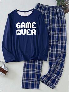 青少年男孩圆领长袖“Game Over”图案印花上衣和格子宽松长裤两件套睡衣套装，休闲针织面料，舒适 - 彩色 - 查看 4
