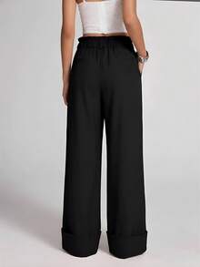SHEIN Tall CURVE Plus Size Women Solid Color Pocket Design Loose Fit Wide Leg Casual Elegant Pants Bussines Office Black Autumn Fall - Black - View 3