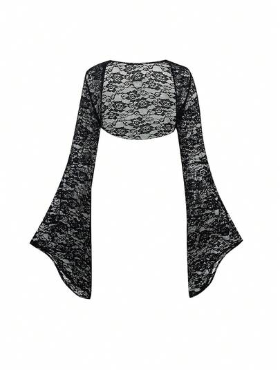 ROMWE Goth This Sheer Cover Up Features A Delicate Skull Print Fabric, With A Lightweight And Flowing Feel That Exudes A Hazy, Sensual Vibe. The Flared Sleeves Flatter The Arm Line, Adding A Retro-Elegant Touch. The Cropped, Midriff-Baring Silhouette Pairs Well With Bikinis, Camisole Dresses, And More, Making It An Ideal Cover-Up For Beach Vacations And Pool Parties. It Can Also Be Layered For A Casual, Alluring Look In Everyday Wear, Satisfying A Variety Of Styling Needs.