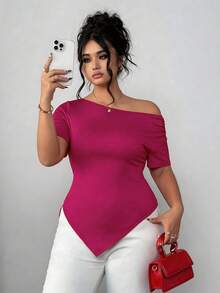 Elenzga Áo thun ngắn tay mùa hè dành cho nữ cỡ lớn, kiểu dáng thanh lịch, sang trọng, có bèo nhún ở vai và vạt áo bất đối xứng, thích hợp cho công sở. - Màu Đỏ Sâu - Xem 1