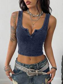 Coolane 95% Cotton Casual Sports Street Vintage Style Heather Grey Ribbed Knit Tank Top, Versatile & Street Style, Suitable For Spring/Summer - Dark Grey - View 3