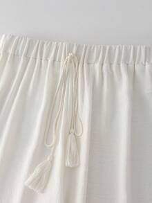 Zayélia Off-White 女款休閒長褲，彈性直筒褲管，蕾絲拼接設計，適合海灘與夏季穿著 - 白色 - 查看 3