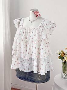 Sweetra Áo kiểu mùa hè tay ngắn cổ vuông họa tiết hoa nhí xếp lớp viền bèo nhún, chất liệu chiffon nhẹ nhàng. - Màu be - Xem 5
