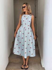 SHEIN LUNE Blue And White Striped Sleeveless A-Line Midi Dress, Cinched Waist, Casual Vacation Style.,Summer Dresses For Women - Multicolor - View 4