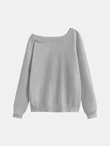 ROMWE Kawaii Suéter asimétrico de talla grande para mujer con bordado de gato lindo, estilo casual, para otoño/invierno - Gris Claro - Ver 2