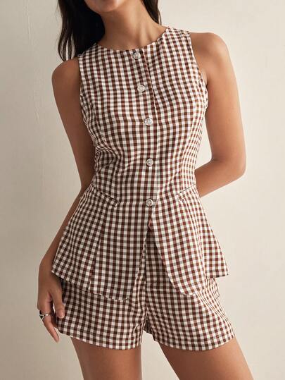 Easelle Conjunto de chaleco y traje de mujer con estampado de cuadros