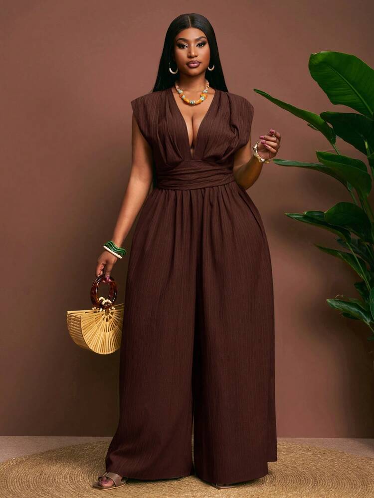 Veslaya Chocolate Brown Summer Loose Plus Size Jumpsuit,Women's