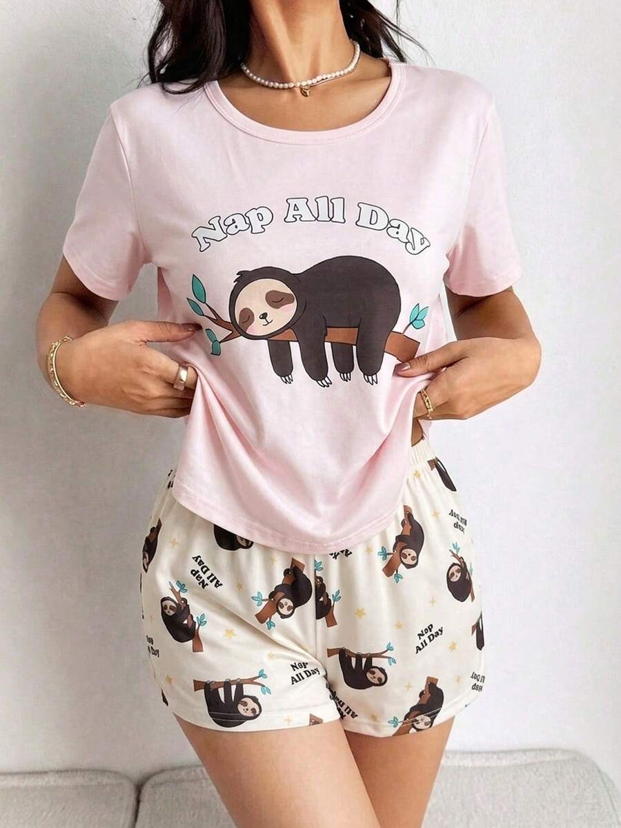 2件組青少年女孩睡衣套裝,櫻桃紅夏季可愛樹懶卡通印花圓領短袖短褲睡衣,家庭套裝休閒服針織柔軟 - 淺粉色 - 查看 1